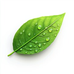 Wall Mural - dewy leaf with water droplets glistening on its surface, placed on a clean white background