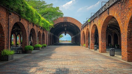 Wall Mural - Brick arcade walkway, harbor view, summer day, peaceful scene, travel photography