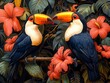© tonpreecha - Impressive and visually stunning artwork of a pair of vibrant toucans perched on tropical foliage, with their colorful beaks and feathers meticulously rendered, capturing the vibrancy and exotic