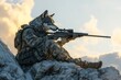 © grPix - Wolves soldier.Military wolves.Army wolves.A heroic wolf soldier, a large gray wolf wearing combat fatigues, standing confidently on a rocky outcrop, with a sniper rifle resting at its side