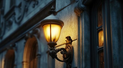 Wall Mural - An elegant antique wall sconce with warm yellow light on a historic building.