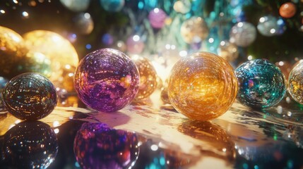 Wall Mural - A D-rendered scene with vibrant, glass-like spheres arranged in an elegant composition.