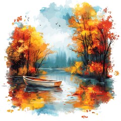 Wall Mural - Serene Autumn Lake A Boat in the Golden Embrace of Fall.