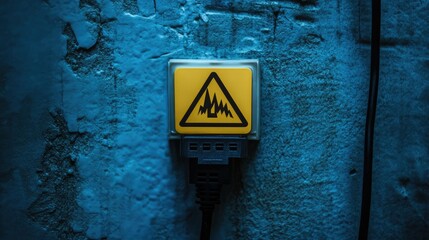 Wall Mural - a caution sign next to an ethernet cable, symbolizing a network vulnerability warning.