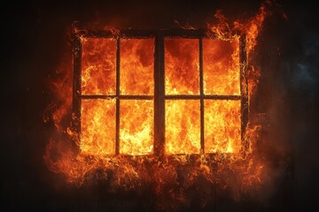 Poster - Flames engulfing a window in a dark space at night creating a dramatic and intense atmosphere of destruction