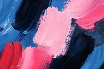 Fototapete - Colorful abstract painting with bold brush strokes in shades of blue, pink, and red displayed in an art studio