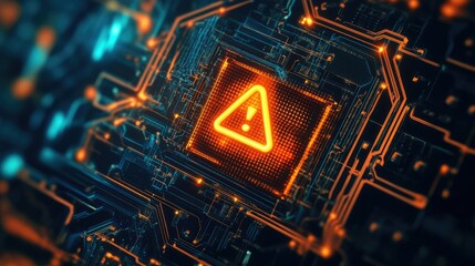 Wall Mural - A circuit board with a flashing caution icon, indicating cybersecurity risk.