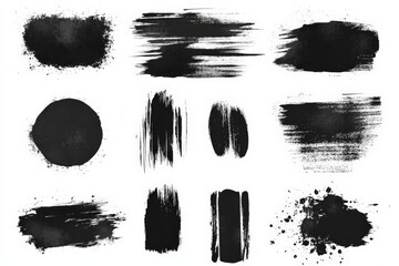 Poster - Abstract black brush strokes and textures arranged on a white background showcasing artistic design elements for creative projects