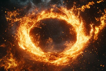 Fototapete - Vibrant flames form a circular pattern against a dark, smoky background with glowing embers in the atmosphere