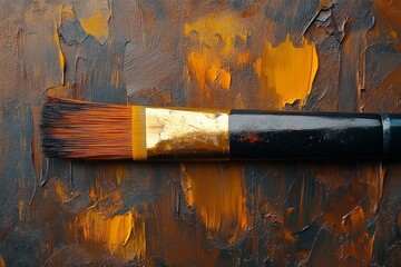 Poster - Artist's brush resting on an abstract canvas painted with orange and dark tones in a studio setting