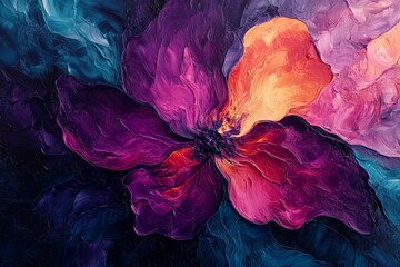 Fototapete - Vibrant abstract flower artwork created with bold colors and thick brush strokes in a close-up view
