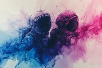 Wall Mural - two astronauts exploring vibrant cosmic colors in a surreal abstraction