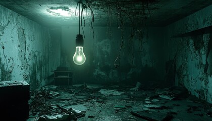 Wall Mural - A single lightbulb illuminates a derelict room