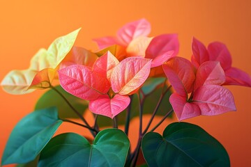 Poster - Vibrant potted plant with pink and yellow leaves against a bright orange background