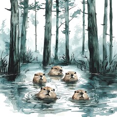 Wall Mural - Serene Beavers in a Misty Forest Watercolor Painting.