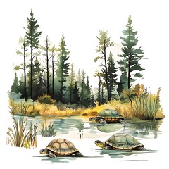 Wall Mural - Two Turtles in a Forest Pond Watercolor Painting