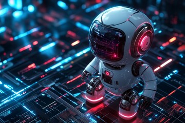 Leinwandbilder - Futuristic robot exploring a digital landscape filled with neon lights and technology