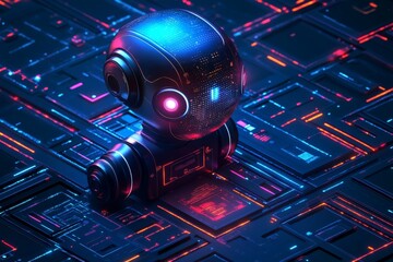 Poster - Robot with glowing features on a futuristic circuit board at night