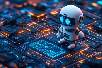 Poster - Small robot exploring a futuristic technology landscape with glowing circuit patterns at night
