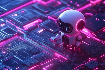 Poster - Cute little robot standing on a vibrant circuit board illuminated by neon lights in a futuristic setting