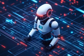 Fototapete - Robotic figure exploring digital landscape with glowing patterns and circuits at night