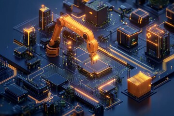 Leinwandbilder - Futuristic robotic arm assembling microchips in a high-tech factory setting at night