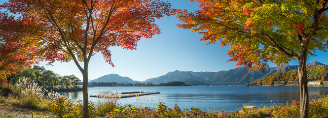 Wall Mural - at the shore of lake kawaguchi in autumn season, yamanashi prefecture, japan