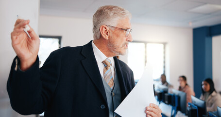 Poster - Mature man, lecturer and teaching with whiteboard in classroom for presentation, lesson or IT course. Male person, professor or teacher with curriculum or students for higher education or knowledge