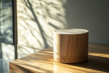 Poster - Relaxing atmosphere created by a wooden diffuser reflecting soft morning light on a table
