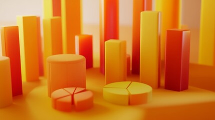 Fototapete - D bars and pie chart graphics in vivid colors, floating in space against a neutral backdrop for a visually impactful design