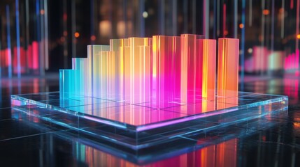 Fototapete - D bar graph with vibrant colors, arranged in ascending order on a transparent glass base, with soft ambient lighting