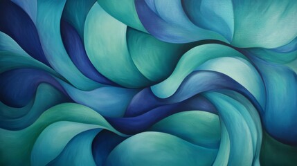 Fototapete - An artistic close-up of flowing, curved lines in shades of blue and green, intertwining and creating a sense of fluidity against a soft gradient background