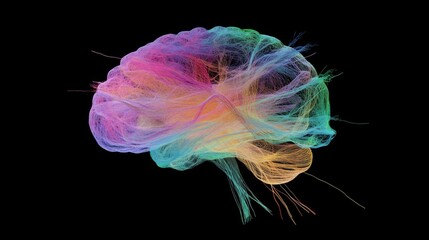 Aufkleber - An artistic illustration of a brain with vibrant, colorful neural pathways branching out, symbolizing creativity and thought processes against a dark background