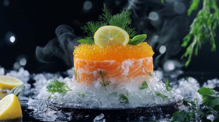 Leinwandbilder - An artistic representation of salmon roe served on a bed of ice, garnished with lemon slices and fresh herbs, highlighting the luxurious side of seafood cuisine
