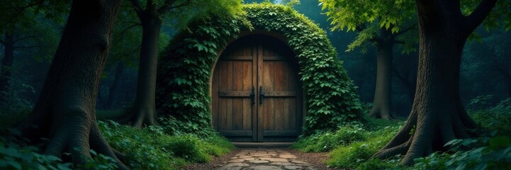 Wall Mural - Trees surround a large wooden door with vines and moss covering it, vines, creepy, nighttime