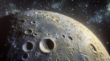 Wall Mural - Stunning Close-Up View of a Celestial Body with Craters and Stars