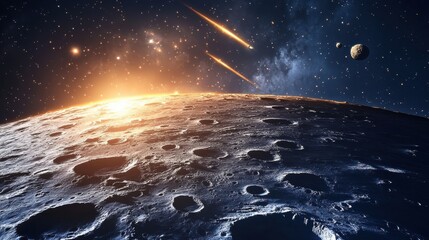 Wall Mural - stunning view of moon surface with space background and shooting stars