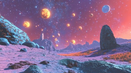 Wall Mural - colorful galactic landscape with planets and stars in space