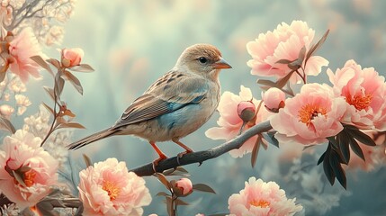 Naklejka na meble AI-generated image of a bird standing on a branch with pink peonies blooming from its back