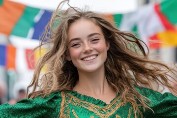 A girl in a stunning green traditional dress enjoys the festivities, her long hair flowing in the breeze as she radiates happiness amidst colorful decorations and flags.