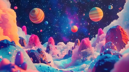 Wall Mural - Colorful Cosmic Landscape with Planets and Dreamy Clouds