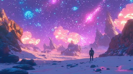 Wall Mural - Surreal Cosmic Landscape with Majestic Colors and Starry Sky