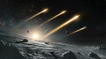 Wall Mural - asteroids falling toward a distant planet in a cosmic landscape