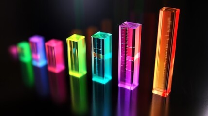 Leinwandbilder - A D bar graph with colorful transparent bars of different heights on a reflective dark background, casting soft shadows for a modern, high-tech look
