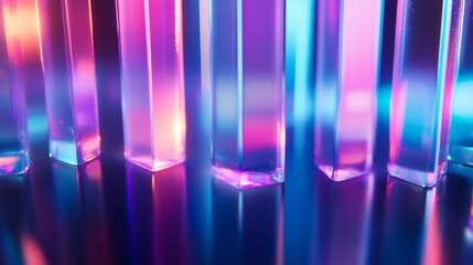 Leinwandbilder - A D bar graph with tall, transparent bars in shades of blue and purple, set on a reflective surface with a soft spotlight effect