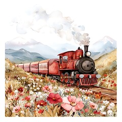 Wall Mural - Vintage Red Steam Train Traveling Through a Wildflower Meadow in the Mountains.