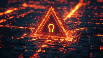 Wall Mural - A glowing triangular alert sign with a keyhole in the center of a futuristic network.