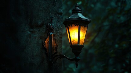 Wall Mural - A gothic-style iron wall lamp glowing ominously in the darkness.