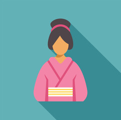 Sticker - Portrait of young japanese woman wearing traditional pink kimono dress with long shadow, representing japanese culture and fashion