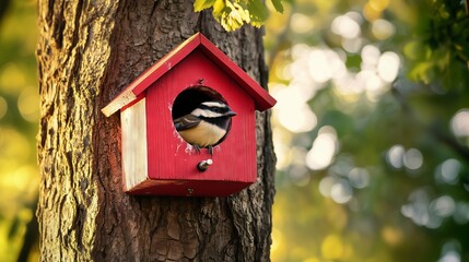 Black and white bird looking out of red birdhouse on tree trunk